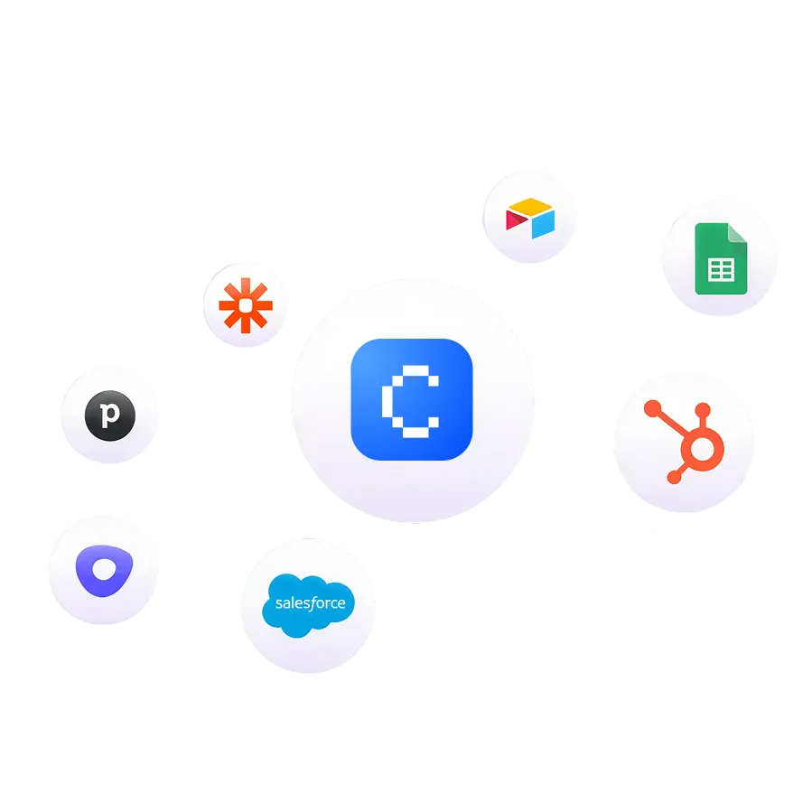 Central blue app icon surrounded by logos including Zapier, Airtable, Google Sheets, HubSpot, Salesforce, and others.