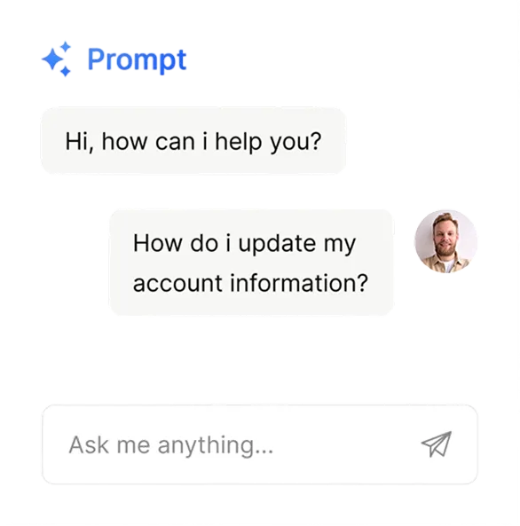 Chat interface with Prompt logo, greeting message, question about updating account info, and text input box.